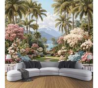 Papel Pintado Hortensia Palma Tropical Fotomurales Jardín Secreto La Selva Tropical Pegatinas de Hogar Verde Salvia Arte de Pared Decorativos Pared para Dormitorio Salón Pasillo Fondo de TV, 350x250cm