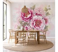 Papel Pintado Ilustración Floral Retro Salón Dormitorio 400x280cm - Fotomurales Pared Hortensia Peonía Tejido Seda Decorativos Murales Fotográfico XXL Moderno Decoración de Paredes, Rosa