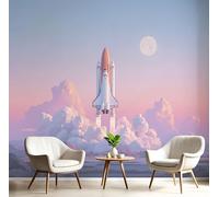 Papel Pintado Ilustración Sencilla Efecto 3D Paisaje Luna Cohete Salón Dormitorio - Fotomurales Pared Tela de Seda Decorativos Murales Fotográfico de Paredes (450Anx315Al cm)