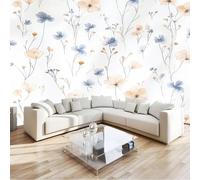 Papel Pintado Infantil 3D Acuarela Flores Silvestres Ramas Y Hojas 400 x 280 cm - Mural de Pared para Habitación de Niños y Niñas en Tela No Tejida Premium - Diseño Artístico para Soñar Blanco