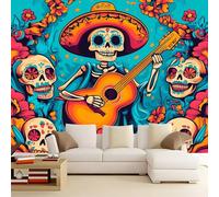 Papel Pintado Infantil 3D Arte Música Flores Calaveras 300 x 210 cm - Mural de Pared para Habitación de Niños y Niñas en Tela No Tejida Premium - Diseño Artístico para Soñar Azul