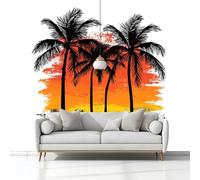 Papel Pintado Infantil 3D Arte Puesta De Sol Islas Palmeras 400 x 280 cm - Mural de Pared para Habitación de Niños y Niñas en Tela No Tejida Premium - Diseño Artístico para Soñar Blanco