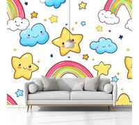 Papel Pintado Infantil 3D Dibujos Animados Caras Sonrientes Estrellas Nubes 300 x 210 cm - Mural de Pared para Habitación de Niños y Niñas en Tela No Tejida - Diseño Artístico para Soñar Blanco