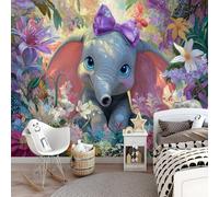 Papel Pintado Infantil 3D Dibujos Animados Flores Tropicales Lazos Elefantes 250 x 175 cm - Mural de Pared para Habitación de Niños y Niñas en Tela No Tejida - Diseño Artístico para Soñar Multicolor