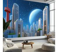 Papel Pintado Infantil 3D Dibujos Animados Planetas Ciudades Rascacielos 400 x 280 cm - Mural de Pared para Habitación de Niños y Niñas en Tela No Tejida Premium - Diseño Artístico para Soñar Azul