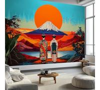 Papel Pintado Infantil 3D Estampas Ukiyo E Montañas Sol Rojo Geisha 350 x 256 cm - Mural de Pared para Habitación de Niños y Niñas en Tela No Tejida Premium - Diseño Artístico para Soñar Multicolor