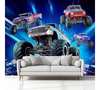 Papel Pintado Infantil 3D Fantasía Vehículos Camiones Todoterreno 200 x 140 cm - Mural de Pared para Habitación de Niños y Niñas en Tela No Tejida Premium - Diseño Artístico para Soñar Azul Oscuro