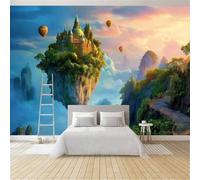 Papel Pintado Infantil 3D Fantástico Isla Flotante Castillo Globo 350 x 256 cm - Mural de Pared para Habitación de Niños y Niñas en Tela No Tejida Premium - Diseño Artístico para Soñar Azul