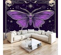 Papel Pintado Infantil 3D Gótico Polilla Calavera Borde 200 x 140 cm - Mural de Pared para Habitación de Niños y Niñas en Tela No Tejida Premium - Diseño Artístico para Soñar Morado Oscuro
