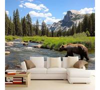 Papel Pintado Infantil 3D Naturaleza Bosque Arroyo Oso Grizzly 400 x 280 cm - Mural de Pared para Habitación de Niños y Niñas en Tela No Tejida Premium - Diseño Artístico para Soñar Azul