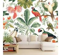 Papel Pintado Infantil 3D Retro Selva Tropical Pájaros Plantas 200 x 140 cm - Mural de Pared para Habitación de Niños y Niñas en Tela No Tejida Premium - Diseño Artístico para Soñar Blanco