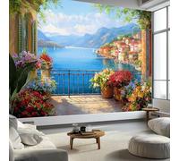 Papel Pintado Infantil 3D Romance Costa Pueblo Pequeño Balcón Paisaje 350 x 256 cm - Mural de Pared para Habitación de Niños y Niñas en Tela No Tejida Premium - Diseño Artístico para Soñar Azul