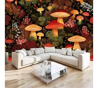 Papel Pintado Infantil 3D Vintage Plantas Setas Hongos Bayas 350 x 256 cm - Mural de Pared para Habitación de Niños y Niñas en Tela No Tejida Premium - Diseño Artístico para Soñar Negro