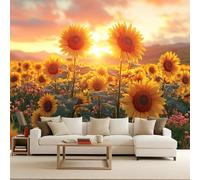 Papel Pintado Infantil Floral, Papel Pintado Mural Atardecer Sobre Un Campo De Girasolesmural Decorativo Moderno 3D Póster Murale Gigante Arte Mural Salón Dormitorio Infantil 450X315cm