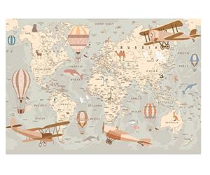 Papel Pintado Infantil Mapa mundi Avión Niño - Impresión de látex - Incluye Pegamento - Fotomurales Pared Tejido No Tejido Decorativos Murales Fotográfico Moderno Decoración de Paredes (416x254 cm)