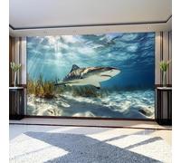 Papel Pintado Infantil tiburones oceánicos 250 x 175 cm Azul Fotomural Decorativo de Pared Tejido No Tejido