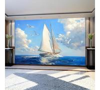 Papel Pintado Infantil Veleros oceánicos y aves marinas 250 x 175 cm Azul Fotomural Decorativo de Pared Tejido No Tejido