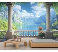 Papel pintado italiano de columnas romanas de 300 x 210 cm, paisaje natural, pared de lago, montañas, dormitorio, papel pintado para decoración de pared de Italia (no se despega)