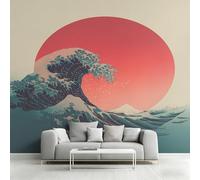 Papel pintado japonés de la Gran Ola, azul y rojo; fotomural del Sol Rojo de Kanagawa para dormitorio y sala de estar; papel pintado no tejido, decoración de pared, papel pintado estampado, 400 cm x 2