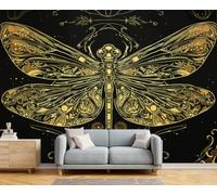 Papel Pintado Libélula Dorada Floral Salón Dormitorio 300x210cm - Fotomurales Pared Seda Estilo Art Nouveau Retro Decorativos Murales Fotográfico Xxl Moderno Decoración De Paredes