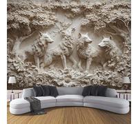 Papel pintado Lobos Bosque 200 x 140 cm, Fotomurales Panorámico no tejido Beige, Murales Decoración Pared Animales Salvajes Relieve Tridimensional, para Dormitorio y Sala de Estar Oficina