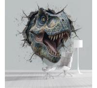 Papel Pintado Los Dinosaurios Irrumpieron A Través De La Pared. 300x210cm Fotomurales Seda Animales En 3D, Realismo Papel Tapiz Grande Murales Fotográfico Moderno Decoración De Paredes, Gris