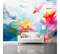 Papel Pintado Loto Pez Dorado Río - Papel Pintado Panorámico 250 x 175 cm, Acuarela Gigante Foto Mural Decoración Del Hogar Para Sala dormitorio comedor oficina