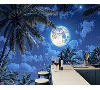 Papel Pintado Luna Llena Paisaje Cielo Nocturno Salón Dormitorio Fotomurales Pared Plantas Tropicales Decorativos 3D Murales Fotográfico Papel Tapiz Moderno Azul Marino Decoración De Paredes, 300X210