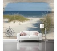 Papel pintado Marco de madera Playa Naturaleza Vintage Papel pintado tejido no tejido 250 x 175 cm decoración Pared decorativos Tv Fondo Pared Dormitorio Murales Papel Tapiz Moderno Azul Verde