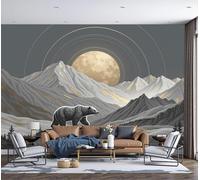 Papel Pintado Minimalismo Efecto 3D Paisaje Los Picos Las Montañas Luz Luna Oso Salón Dormitorio - Fotomurales Pared Tela de Seda Decorativos Murales Fotográfico de Paredes (200Anx140Al cm)