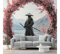 Papel Pintado Minimalismo Japonés Samuráis Ramas De Floresrosa Negro 3D Panorámico No Tejido - Fotomurales Decorativos Para Salón, Dormitorio Y Oficina - Diseño Moderno Pared Del Hogar