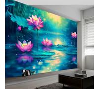 Papel Pintado Misterio Flores Loto 500 x 280 cm Fotomurales decorativos modernos de pared en tejido no tejido Azul Verdoso, para murales fotográficos para salón o dormitorio