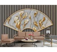 Papel Pintado Moderno Abanico De Oro Arte Floral Tiras Verticales Grises Pintura De Mármol TV Sofá Fondo Pared Dormitorio Sala De Estar Estudio Mural,3D,430x300cm