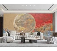 Papel Pintado Moderno Minimalista Arte Dorado Rojo Y Amarillo Luna Paisaje Pintura Al Óleo TV Sofá Fondo Pared Papel Tapiz Sala Restaurante Cafetería Mural,3D,350x245cm