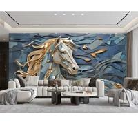 Papel Pintado Moderno Minimalista Azul Oscuro Arte Geométrico Oro Relieve Caballo Patrón TV Sofá Sala De Estar Fondo Pared Comedor Dormitorio Estudio Sala Mural,3D,150x105cm