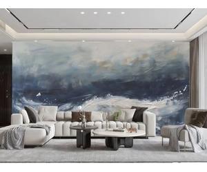 Papel Pintado Moderno Minimalista Azul Oscuro Ola De Mar Arte Paisaje Pintura Al Óleo Sala De Estar Dormitorio Fondo Pared Papel Tapiz Hotel Restaurante Cafetería Mural,3D,400x280cm