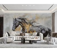 Papel Pintado Moderno Minimalista Dorado Corriendo Caballo Negro Arte Tinta Pintura Sala De Estar Dormitorio Fondo Pared Papel Tapiz Hotel Restaurante Cafetería Mural,3D,400x280cm