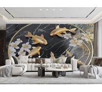 Papel Pintado Moderno Minimalista Dorado Pez Koi Arte Negro Y Gris Patrón De Mármol Sala De Estar Dormitorio Fondo Pared Papel Pintado Hotel Restaurante Cafetería Mural,3D,400x280cm