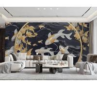 Papel Pintado Moderno Minimalista Lámina Dorada Arte Pez Koi Patrón De Mármol Negro Y Gris Sala De Estar Dormitorio Fondo Pared Papel Pintado Hotel Restaurante Cafetería Mural,3D,150x105cm