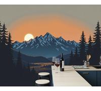 Papel Pintado Montañas Al Atardecer Río Salón Dormitorio Fotomurales Pared Ilustración Paisaje Decorativos 3D Murales Fotográfico Papel Tapiz Moderno Naranja Intenso Decoración De Paredes, 450X315Cm