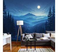 Papel Pintado Montañas Bosque Brumoso Salón Dormitorio Fotomurales Pared Paisaje Cielo Nocturno Decorativos 3D Murales Fotográfico Papel Tapiz Moderno Azul Profundo Decoración De Paredes, 350X256Cm