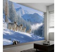 Papel Pintado Montañas Nevadas Bosque Animales Lobo Murales de pared de tamaño personalizado - Fotomurales Tejido No Tejido Arte Fantástico Murales Fotográfico XXL Decoración de Paredes 250 x 175 cm