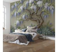 Papel Pintado Morado Claro 350 x 256 cm - Papel Pintado Panorámico Árbol De Glicina Planta, Estilo Chino Elegante Fotomurales Decoración de Pared, Para Sala de Estar Dormitorio comedor oficina