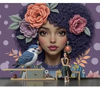 Papel Pintado Mujer Africana Flores Y Pájaros Fotomurales Estilo Étnico Retro Pegatinas Hogar Raíz Loto Púrpura Arte Pared Decorativos Pared para Dormitorio Salón Pasillo Fondo TV, 450x315cm