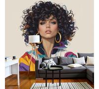 Papel Pintado Mujer De Pelo Rizado En Ropa Deportiva Fotomurales Retratos Pop Retro Pegatinas Hogar Beige Claro Arte Pared Decorativos Pared para Dormitorio Salón Pasillo Fondo TV, 300x210cm
