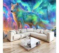 Papel Pintado Multicolor 200 X 140 Cm Fantasía Ciudad Animales Art Papel Tapiz Fotográfico Para Sala Cuarto Oficina Salón Tv Fondo Pared Decora, Neón Arquitectura Lobos No Tejido Decorativos Murales