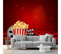 Papel Pintado Mural 200 x 140 cm, Estilo póster Asientos de cine Palomitas de maíz diseño, Paneles Precortados, Fácil de Limpiar e Instalar, Colores Vistoso Vivos, Ideal para Cualquier Espacio