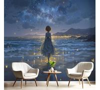 Papel Pintado Mural 3D Decoración De Paredes, Chica Pie En La Playa, Póster Arte Impreso En Hd, Cielo Estrellado Fantasía Océano,Tela De Seda Mural, 250X175 Cm Ideal Para Salón, Dormitorio