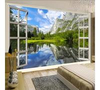 Papel pintado mural 3D que representa un paisaje natural de lagos y montañas visto desde la ventana, un revestimiento decorativo para la pared del salón y el dormitorio
