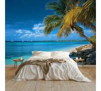 Papel pintado Mural Adhesivo de Pared Palmeras Vista Al Mar Art Papel Tapiz Fotográfico 300x210 cm Personalizada Catering Papel Tapiz Restaurante Decoración de Fondo Mural, Azul